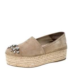 Miu Miu Beige Nubuck Embellished Platform Espadrilles Flats Size 38
