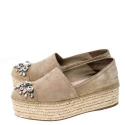 Miu Miu Beige Nubuck Embellished Platform Espadrilles Flats Size 38