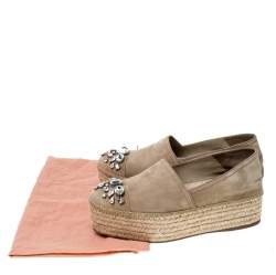 Miu Miu Beige Nubuck Embellished Platform Espadrilles Flats Size 38