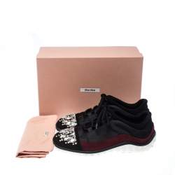 Pre Owned Miu Miu Black/Maroon Fabric and Suede Jeweled Toe Sneakers Size 38