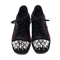 Pre Owned Miu Miu Black/Maroon Fabric and Suede Jeweled Toe Sneakers Size 38