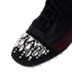 Pre Owned Miu Miu Black/Maroon Fabric and Suede Jeweled Toe Sneakers Size 38