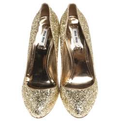 Miu Miu Metallic Gold Coarse Glitter Platform Pumps Size 38.5