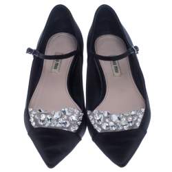 Pre Owned Miu Miu Black Satin Jewel Embellished Ballet Flats Size 39