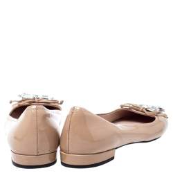 Pre Owned Miu Miu Beige Patent Leather Crystal Embellished Ballet Flats Size 37