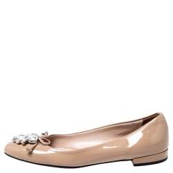 Pre Owned Miu Miu Beige Patent Leather Crystal Embellished Ballet Flats Size 37