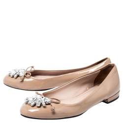 Pre Owned Miu Miu Beige Patent Leather Crystal Embellished Ballet Flats Size 37
