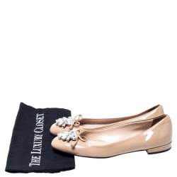Pre Owned Miu Miu Beige Patent Leather Crystal Embellished Ballet Flats Size 37