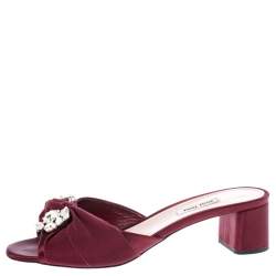 Miu Miu Burgundy Satin Crystal Embellished Open Toe Sandals Size 39.5