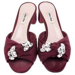 Miu Miu Burgundy Satin Crystal Embellished Open Toe Sandals Size 39.5