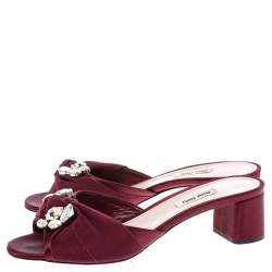Miu Miu Burgundy Satin Crystal Embellished Open Toe Sandals Size 39.5