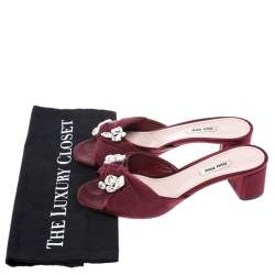 Miu Miu Burgundy Satin Crystal Embellished Open Toe Sandals Size 39.5