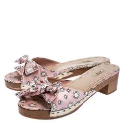 Miu Miu Pink/White Printed Satin Bow Wooden Platform Sandals Size 39.5