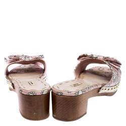 Miu Miu Pink/White Printed Satin Bow Wooden Platform Sandals Size 39.5