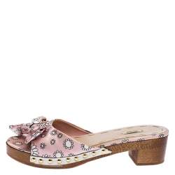 Miu Miu Pink/White Printed Satin Bow Wooden Platform Sandals Size 39.5