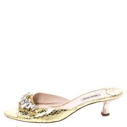 Pre Owned صندل سلايد ميو ميو ذهبي ميتاليك مزخرف كريستال مقدمة مفتوحة كعب مربع سميك مقاس 40