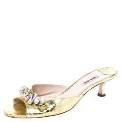 Pre Owned صندل سلايد ميو ميو ذهبي ميتاليك مزخرف كريستال مقدمة مفتوحة كعب مربع سميك مقاس 40