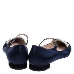 Miu Miu Blue/Black Satin Crystal Embellished Mary Jane Pointed Toe Ballet Flats Size 38.5