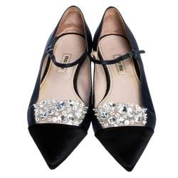 Miu Miu Blue/Black Satin Crystal Embellished Mary Jane Pointed Toe Ballet Flats Size 38.5