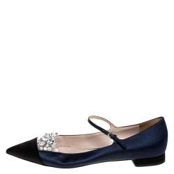 Miu Miu Blue/Black Satin Crystal Embellished Mary Jane Pointed Toe Ballet Flats Size 38.5