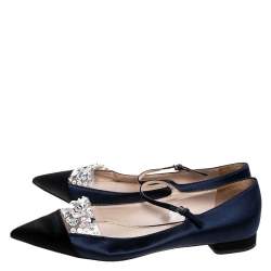 Miu Miu Blue/Black Satin Crystal Embellished Mary Jane Pointed Toe Ballet Flats Size 38.5