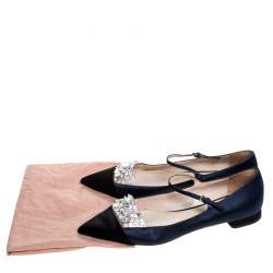Miu Miu Blue/Black Satin Crystal Embellished Mary Jane Pointed Toe Ballet Flats Size 38.5