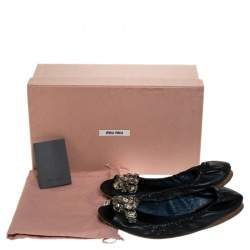 Miu Miu Blue Leather Crystal Embellished Open Toe Scrunch Ballet Flats Size 36.5