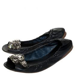 Miu Miu Blue Leather Crystal Embellished Open Toe Scrunch Ballet Flats Size 36.5
