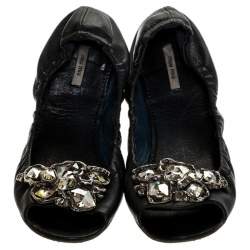 Miu Miu Blue Leather Crystal Embellished Open Toe Scrunch Ballet Flats Size 36.5