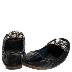 Miu Miu Blue Leather Crystal Embellished Open Toe Scrunch Ballet Flats Size 36.5