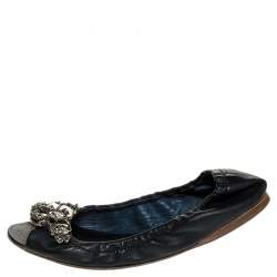 Miu Miu Blue Leather Crystal Embellished Open Toe Scrunch Ballet Flats Size 36.5