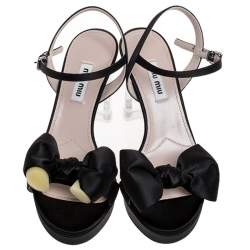 Pre Owned صندل ميو ميو ساتان أسود وبرسبكس ونعل سميك وكعب ونعل سميك  مقاس 35