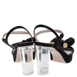 Pre Owned صندل ميو ميو ساتان أسود وبرسبكس ونعل سميك وكعب ونعل سميك مقاس 35