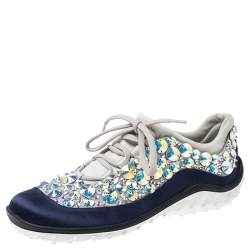 Miu Miu Blue/Grey Embellished Satin and Mesh Astro Sneakers Size 35