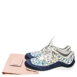 Miu Miu Blue/Grey Embellished Satin and Mesh Astro Sneakers Size 35