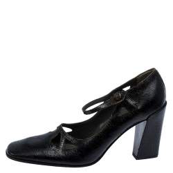 Miu Miu Black Crack Leather Cutout Square Toe Pumps Size 37.5