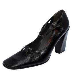 Miu Miu Black Crack Leather Cutout Square Toe Pumps Size 37.5