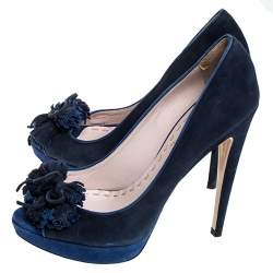 Miu Miu Blue Suede Tassel Detail Peep Toe Platform Pumps Size 39