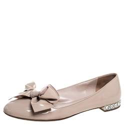 Pre Owned Miu Miu Beige Patent Leather Bow Jeweled Heel Flats Size 37.5