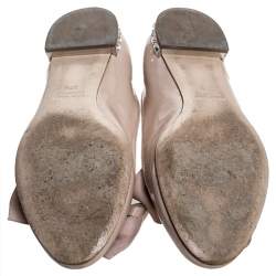 Pre Owned Miu Miu Beige Patent Leather Bow Jeweled Heel Flats Size 37.5