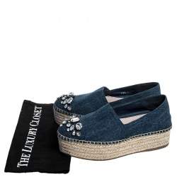 Miu Miu Blue Crystal Embellished Denim Platform Espadrilles Size 37.5