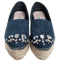 Miu Miu Blue Crystal Embellished Denim Platform Espadrilles Size 37.5