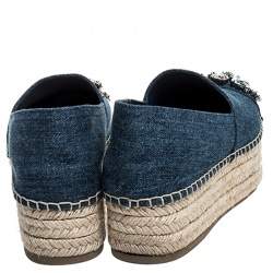 Miu Miu Blue Crystal Embellished Denim Platform Espadrilles Size 37.5