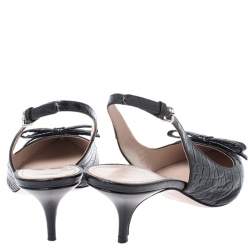 Miu Miu Black Croc Embossed Leather Bow Pointed Toe Slingback Sandals Size 37.5