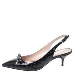 Miu Miu Black Croc Embossed Leather Bow Pointed Toe Slingback Sandals Size 37.5