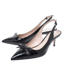 Miu Miu Black Croc Embossed Leather Bow Pointed Toe Slingback Sandals Size 37.5