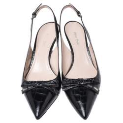 Miu Miu Black Croc Embossed Leather Bow Pointed Toe Slingback Sandals Size 37.5