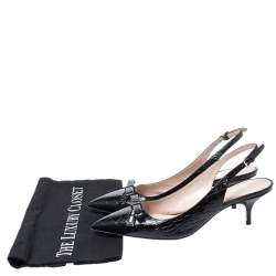 Miu Miu Black Croc Embossed Leather Bow Pointed Toe Slingback Sandals Size 37.5