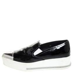 Miu Miu Black Patent Leather Metal Cap Toe Platform Slip On Sneakers Size 39