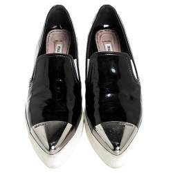 Miu Miu Black Patent Leather Metal Cap Toe Platform Slip On Sneakers Size 39
